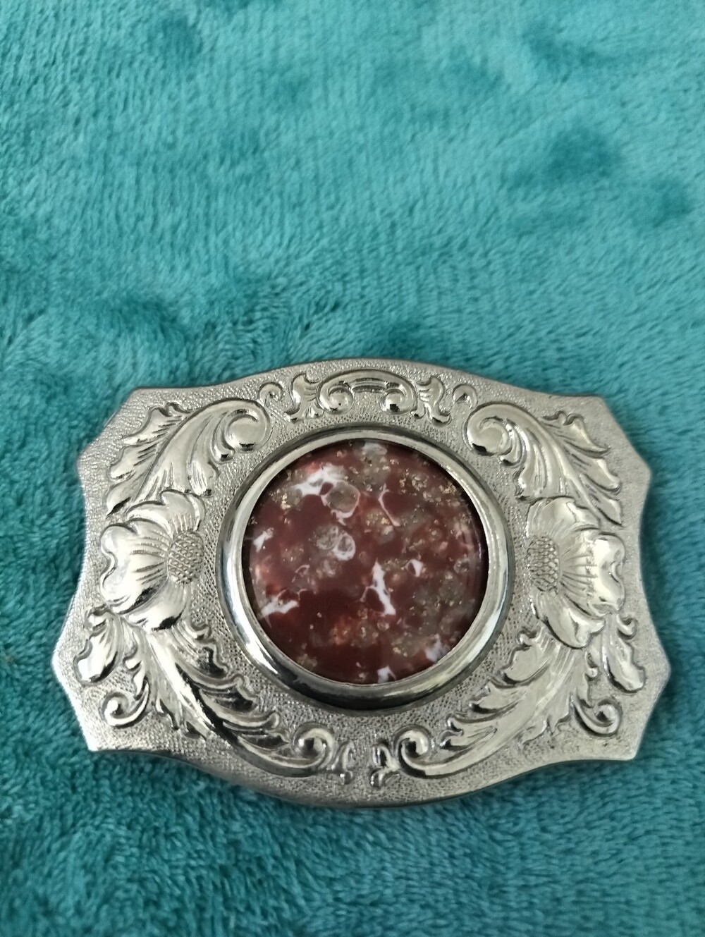 Vintage Chambers Belt Co. Belt Buckle Dual Sided Horse Relief Marbled Red 70s
